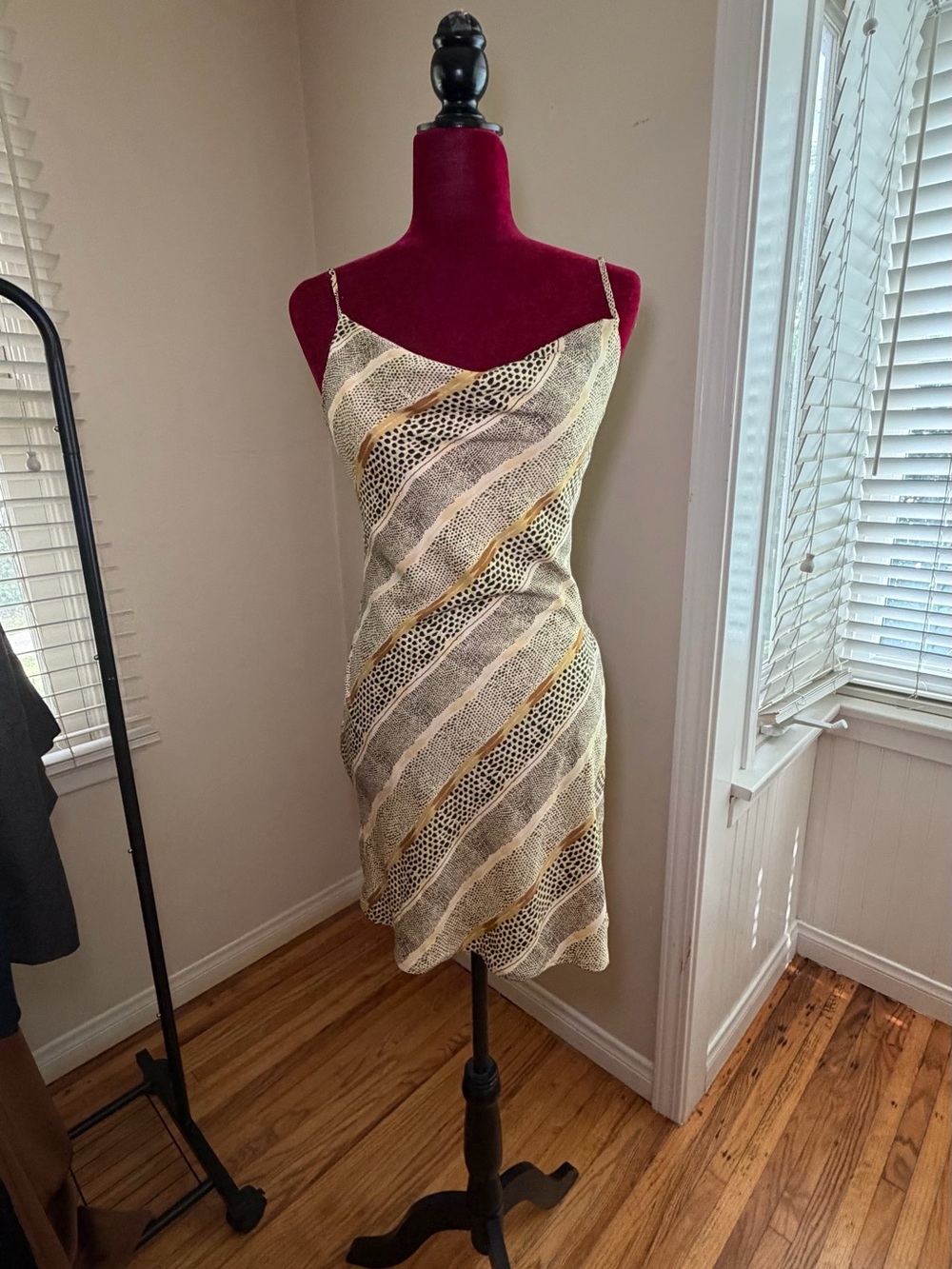 Urban Outfitters Cream Slip Dress with Gold and Black Diagonal Stripes